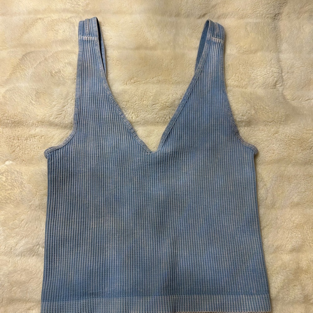 Blue Ribbed V-Neck Women's Crop Top